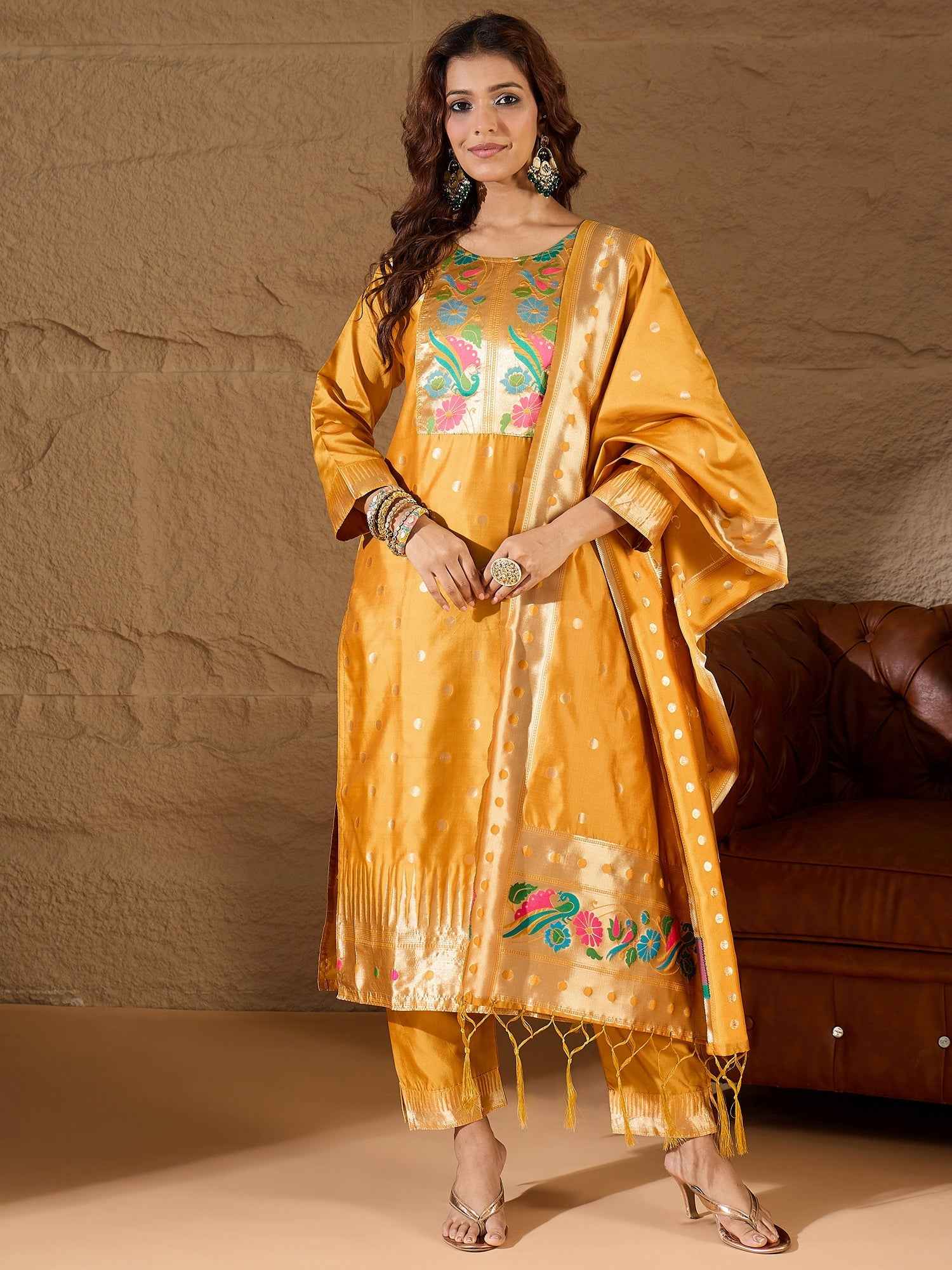 Aanira Yellow Cotton Silk Jacquard Kurta Pant With Banarasi Silk dupatta