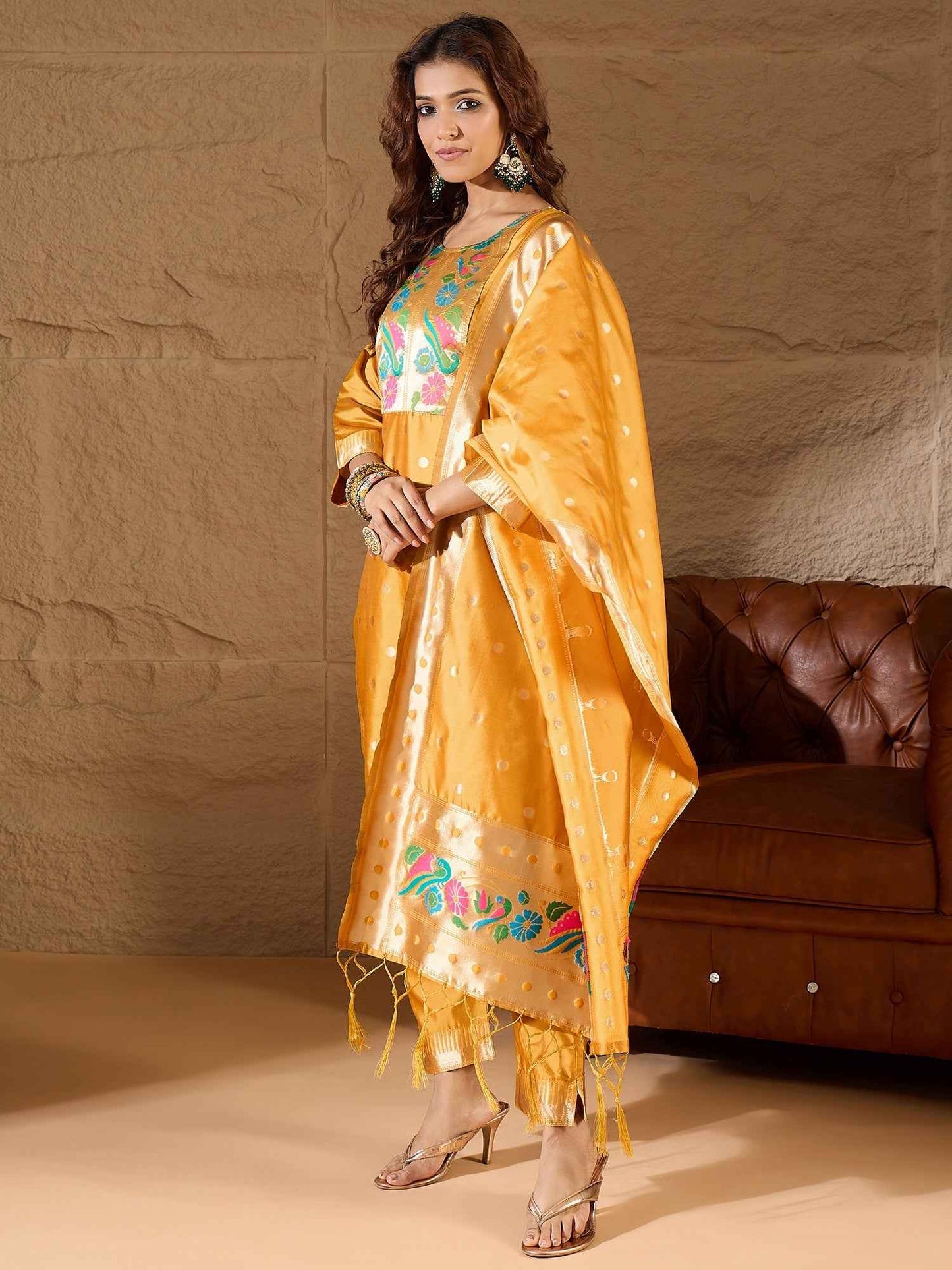 Aanira Yellow Cotton Silk Jacquard Kurta Pant With Banarasi Silk dupatta