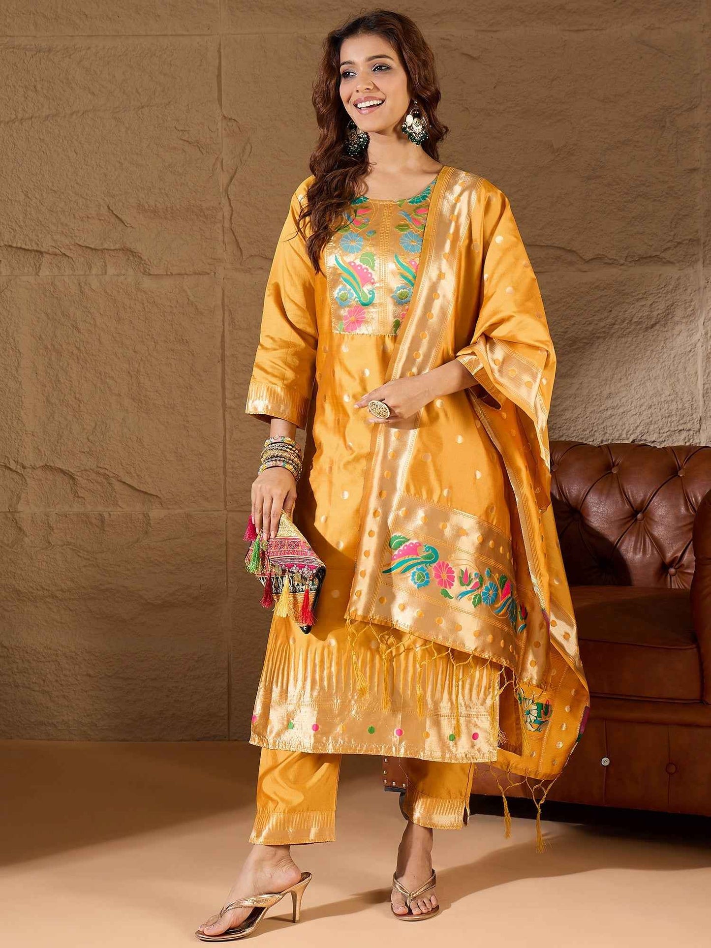 Aanira Yellow Cotton Silk Jacquard Kurta Pant With Banarasi Silk dupatta