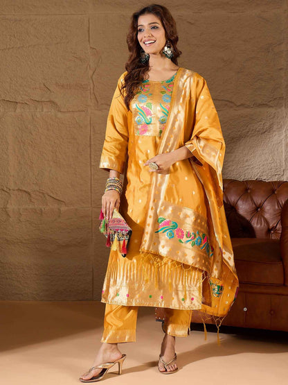 Aanira Yellow Cotton Silk Jacquard Kurta Pant With Banarasi Silk dupatta