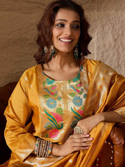Aanira Yellow Cotton Silk Jacquard Kurta Pant With Banarasi Silk dupatta