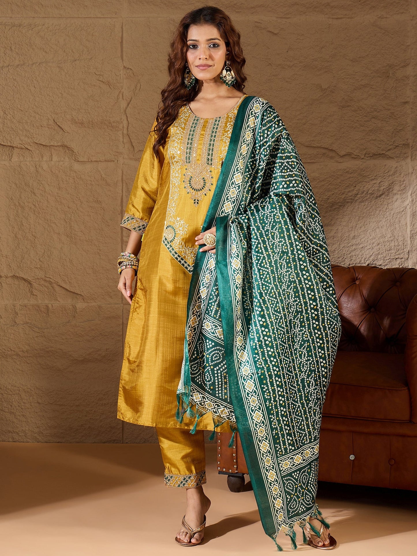 Devira Embroidered Silk Blend Calf Length Straight Kurta Trouser with Dupatta Set - FitVibe Fashion