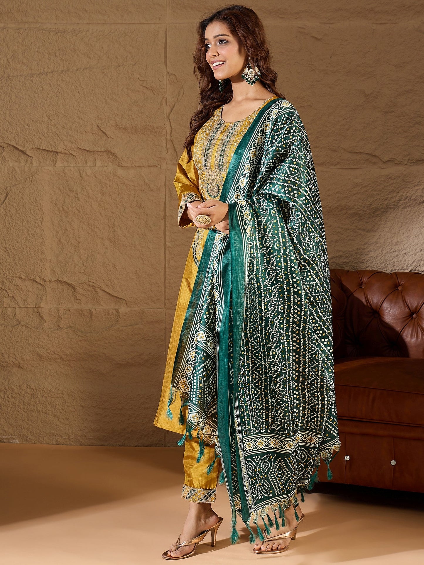 Devira Embroidered Silk Blend Calf Length Straight Kurta Trouser with Dupatta Set - FitVibe Fashion