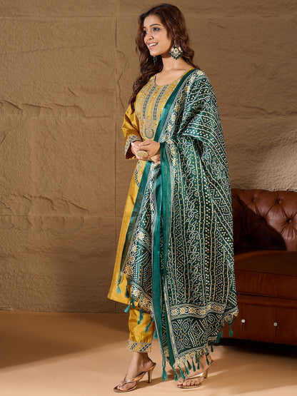 Devira Embroidered Silk Blend Calf Length Straight Kurta Trouser with Dupatta Set - FitVibe Fashion