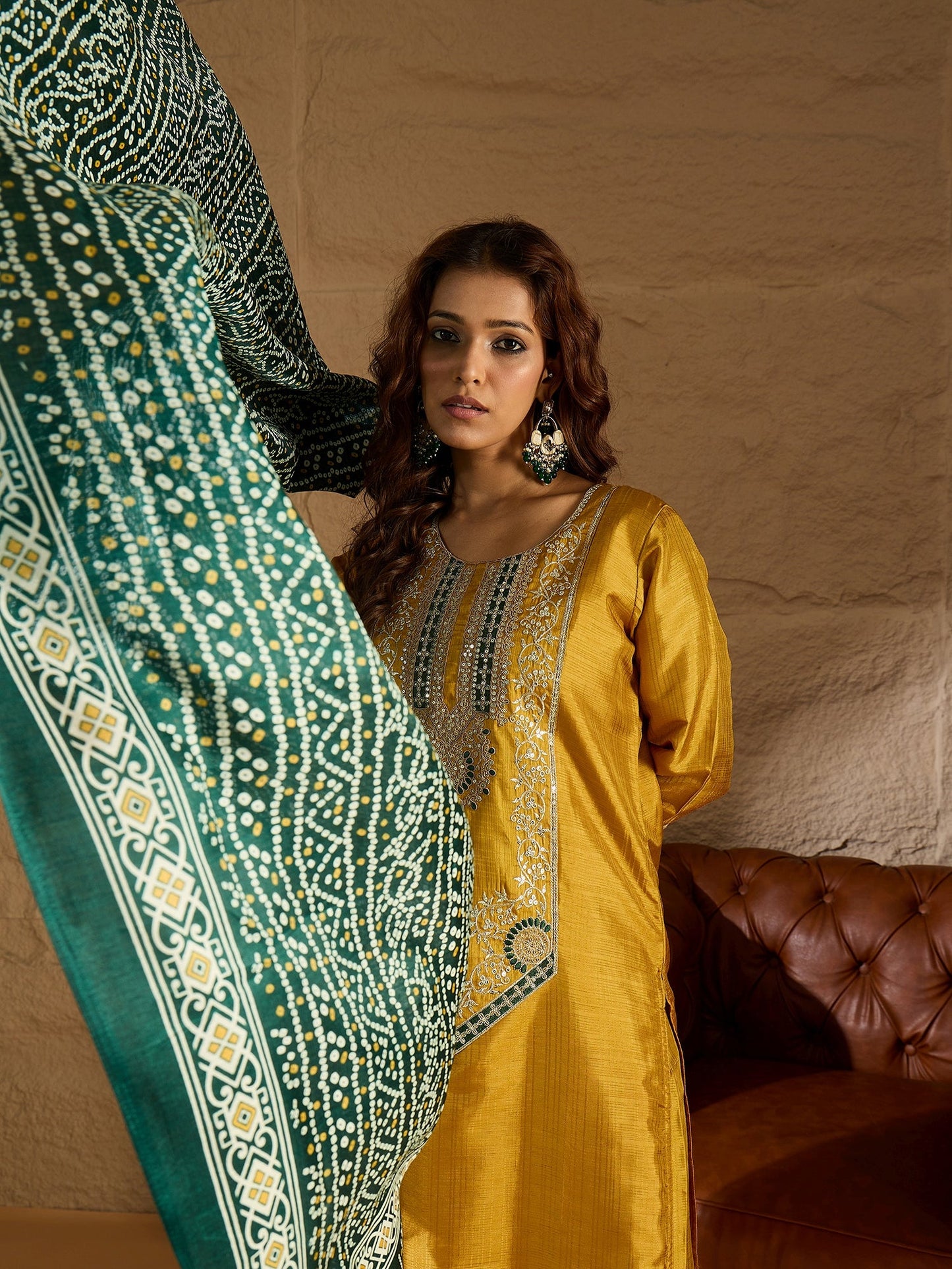 Devira Embroidered Silk Blend Calf Length Straight Kurta Trouser with Dupatta Set - FitVibe Fashion