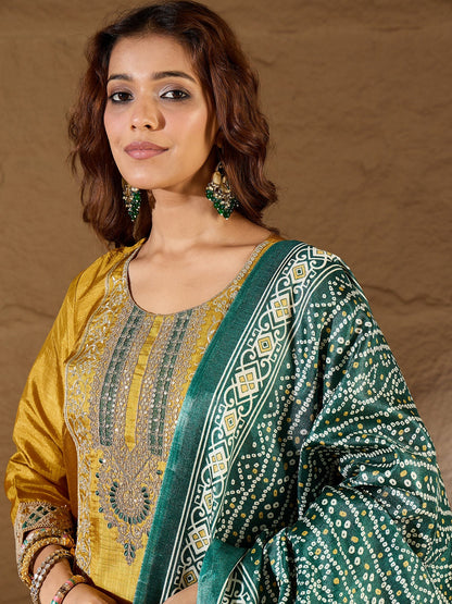 Devira Embroidered Silk Blend Calf Length Straight Kurta Trouser with Dupatta Set - FitVibe Fashion