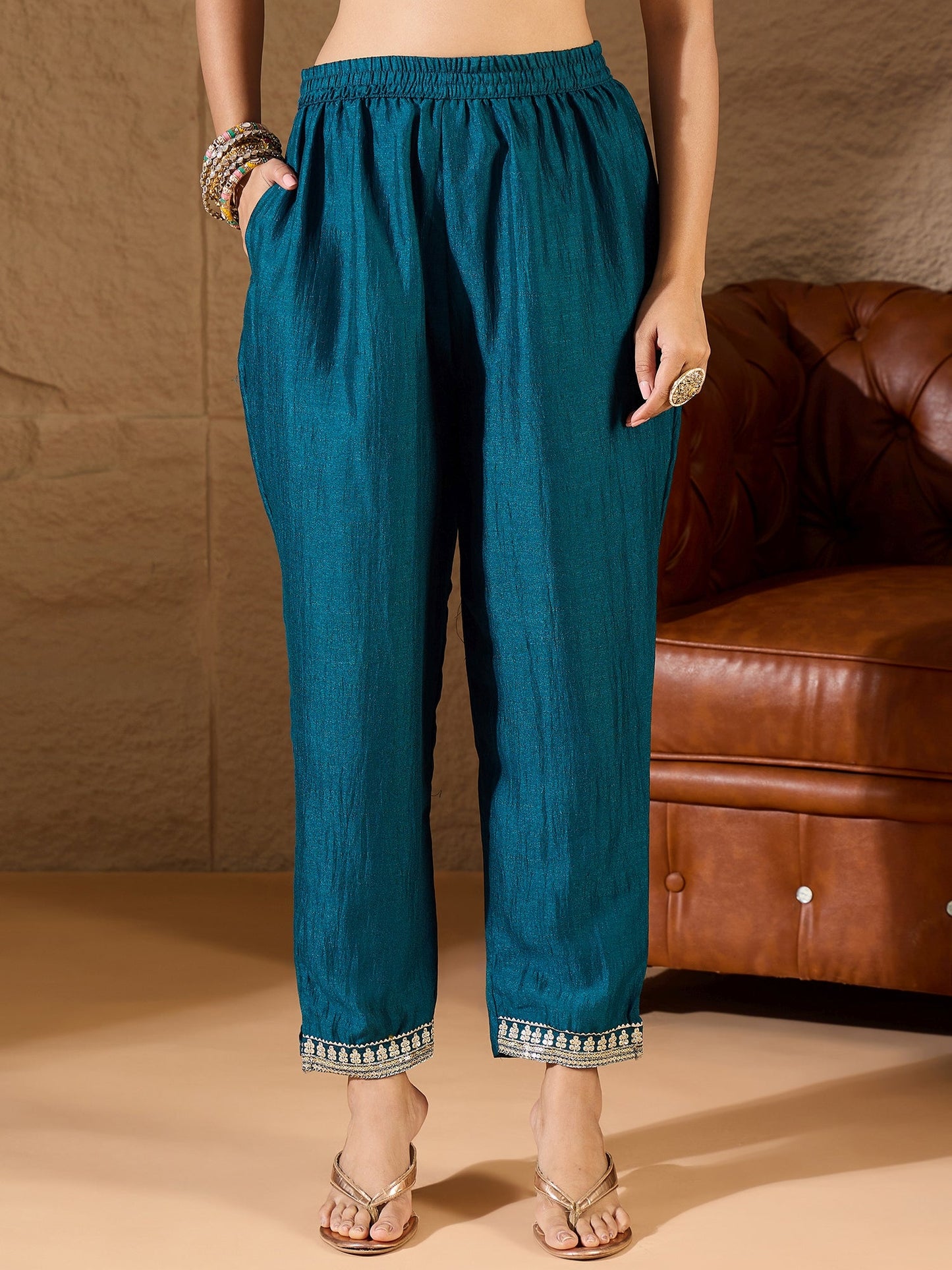 Silk Blend Yoke Design Kurta and Trousers Pant Set - FitVibe Fashion