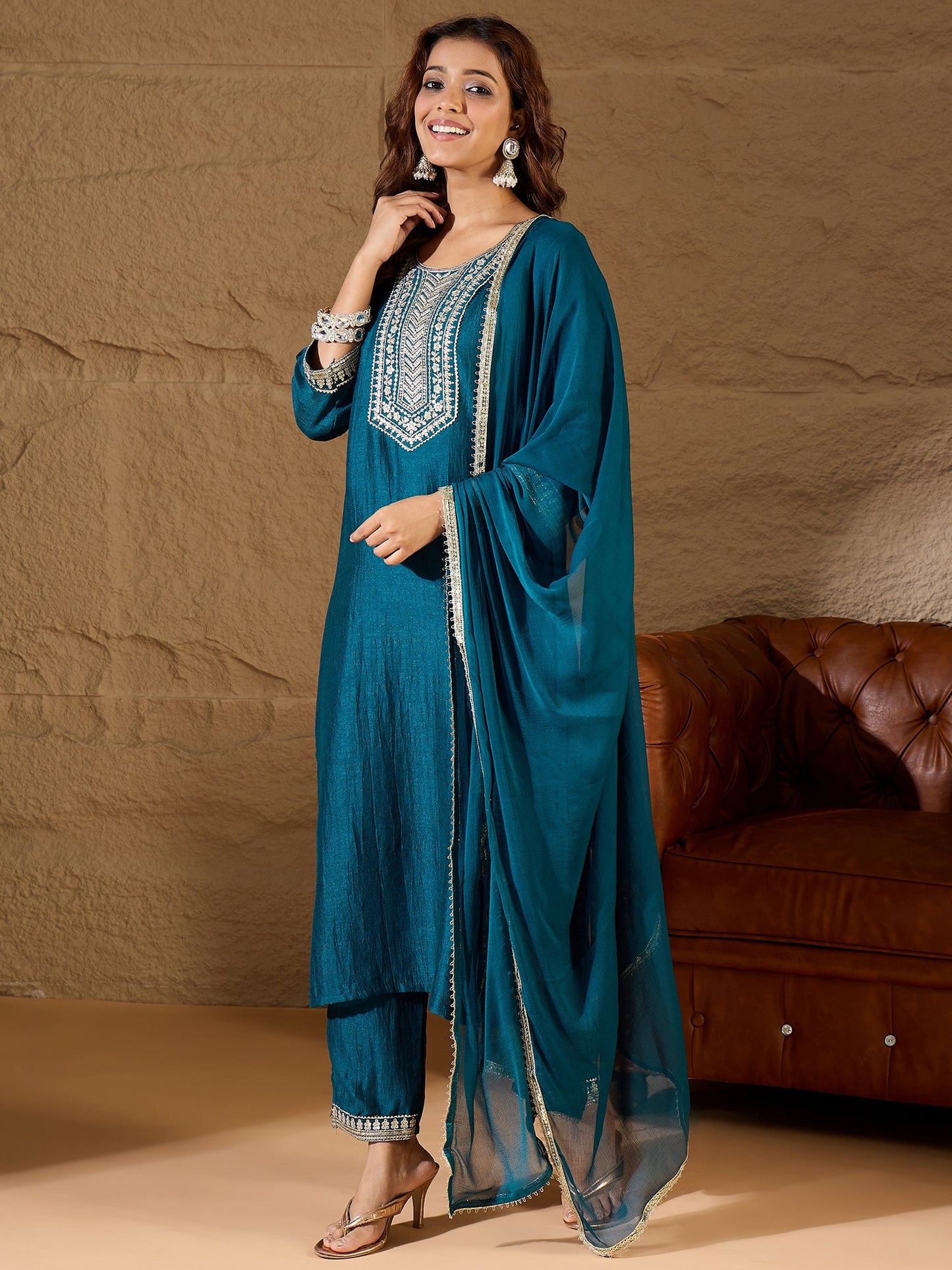 Silk Blend Yoke Design Kurta and Trousers Pant Set - FitVibe Fashion