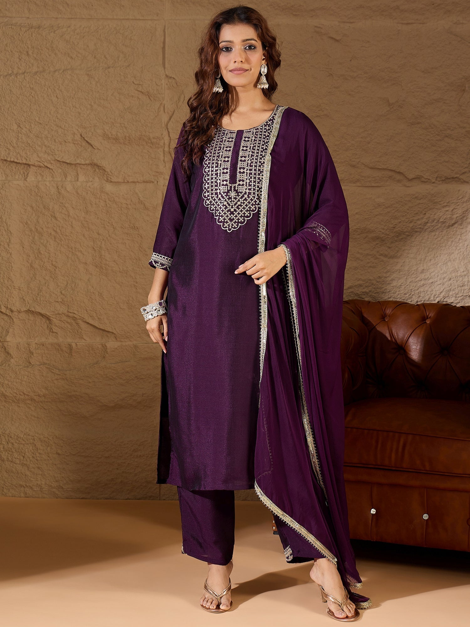Purple Silk Blend Yoke Design Kurta and Trousers Pant Set - FitVibe Fashion
