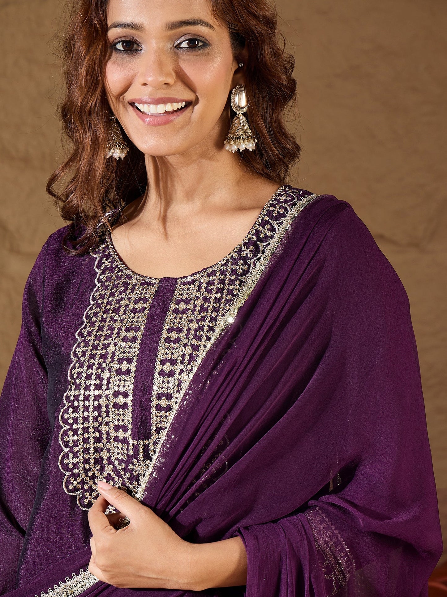 Purple Silk Blend Yoke Design Kurta and Trousers Pant Set - FitVibe Fashion