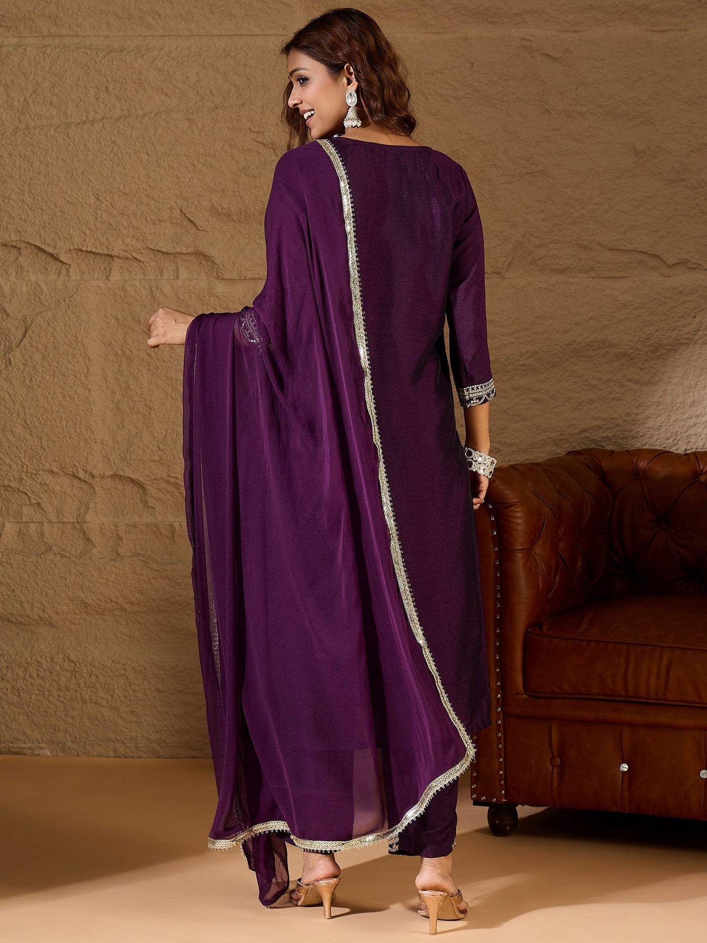 Purple Silk Blend Yoke Design Kurta and Trousers Pant Set - FitVibe Fashion
