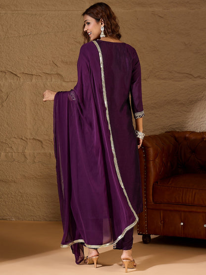 Purple Silk Blend Yoke Design Kurta and Trousers Pant Set - FitVibe Fashion
