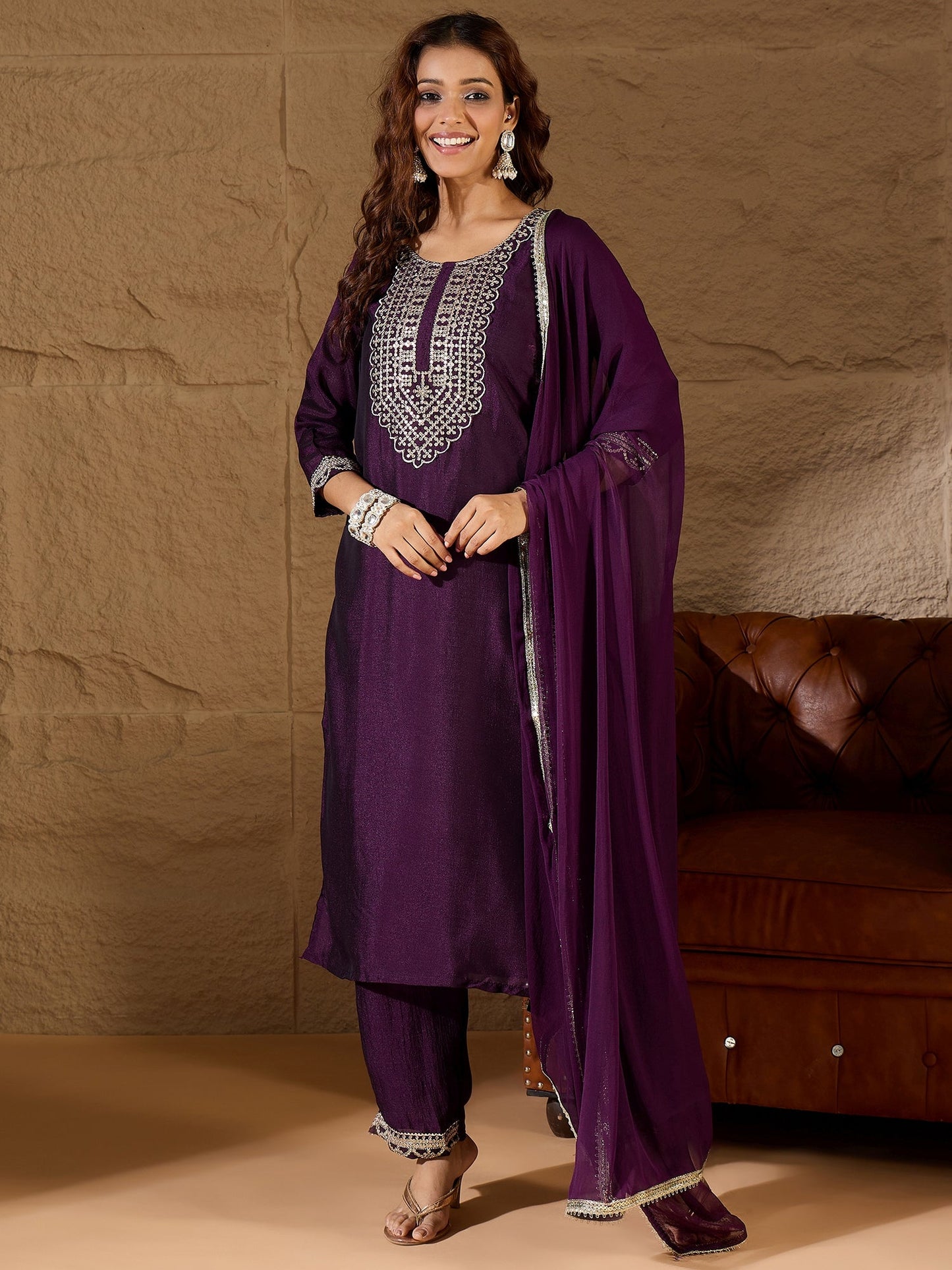 Purple Silk Blend Yoke Design Kurta and Trousers Pant Set - FitVibe Fashion