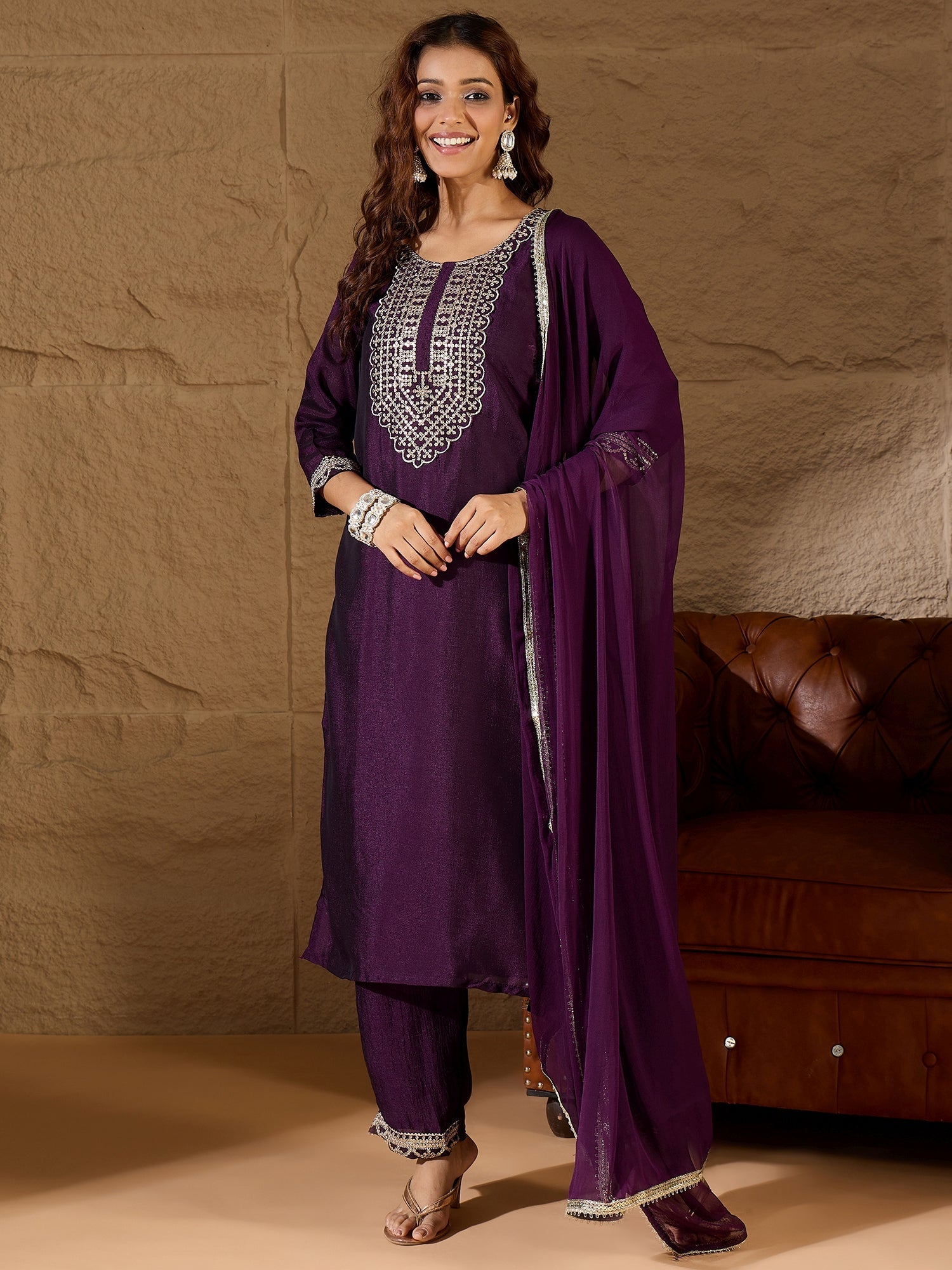 Purple Silk Blend Yoke Design Kurta and Trousers Pant Set - FitVibe Fashion