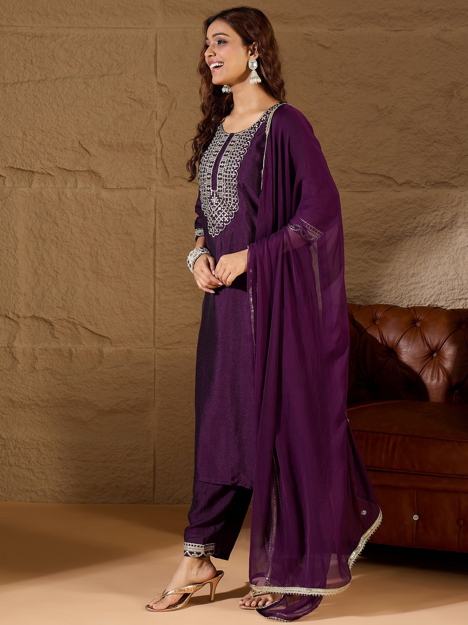 Purple Silk Blend Yoke Design Kurta and Trousers Pant Set - FitVibe Fashion