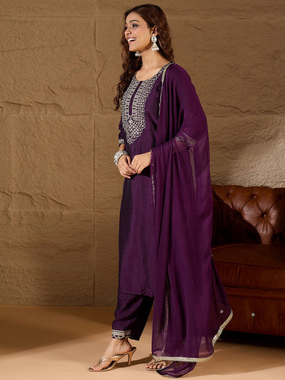 Purple Silk Blend Yoke Design Kurta and Trousers Pant Set - FitVibe Fashion