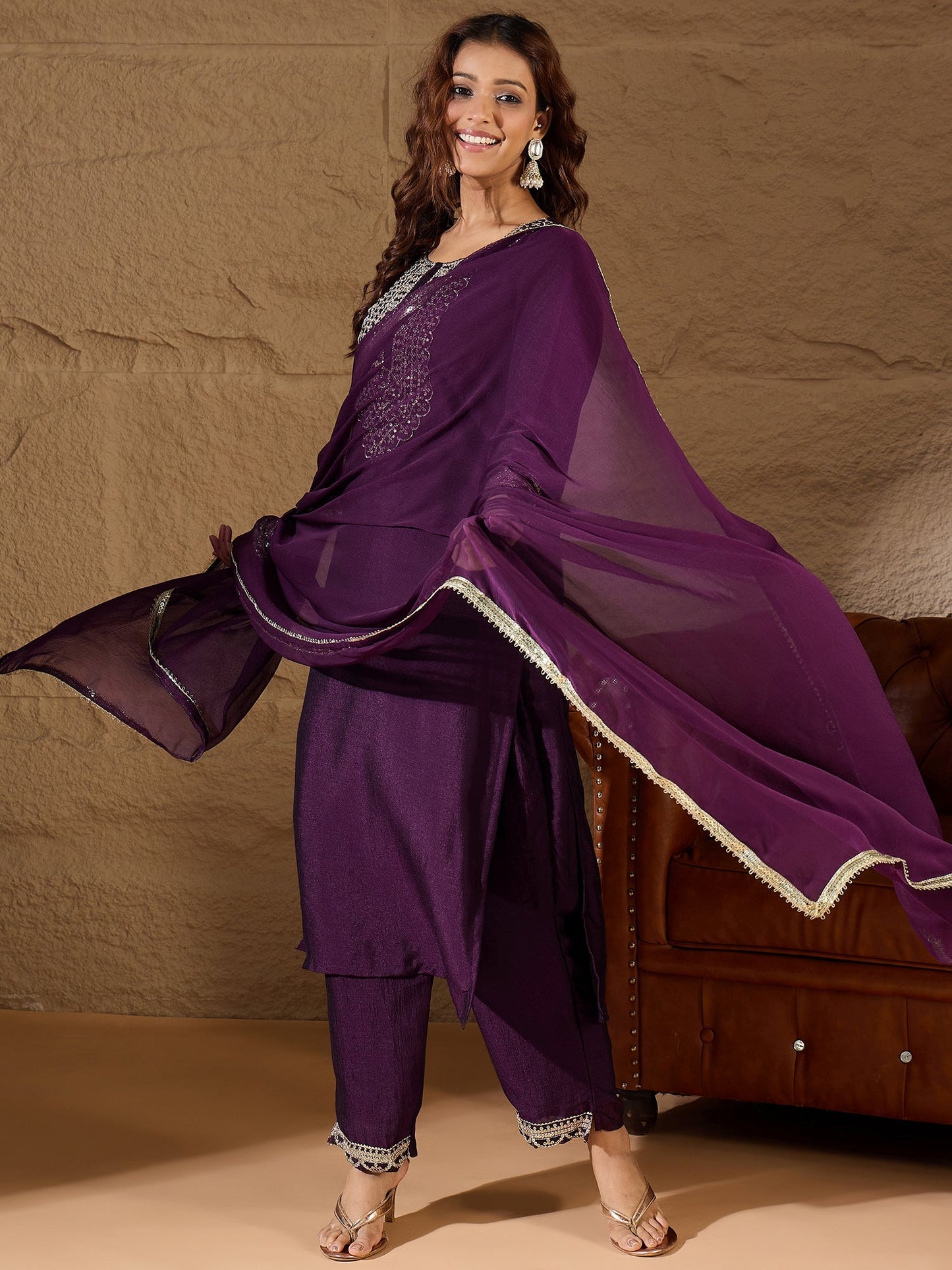 Purple Silk Blend Yoke Design Kurta and Trousers Pant Set - FitVibe Fashion