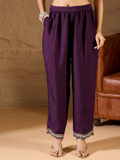 Purple Silk Blend Yoke Design Kurta and Trousers Pant Set - FitVibe Fashion