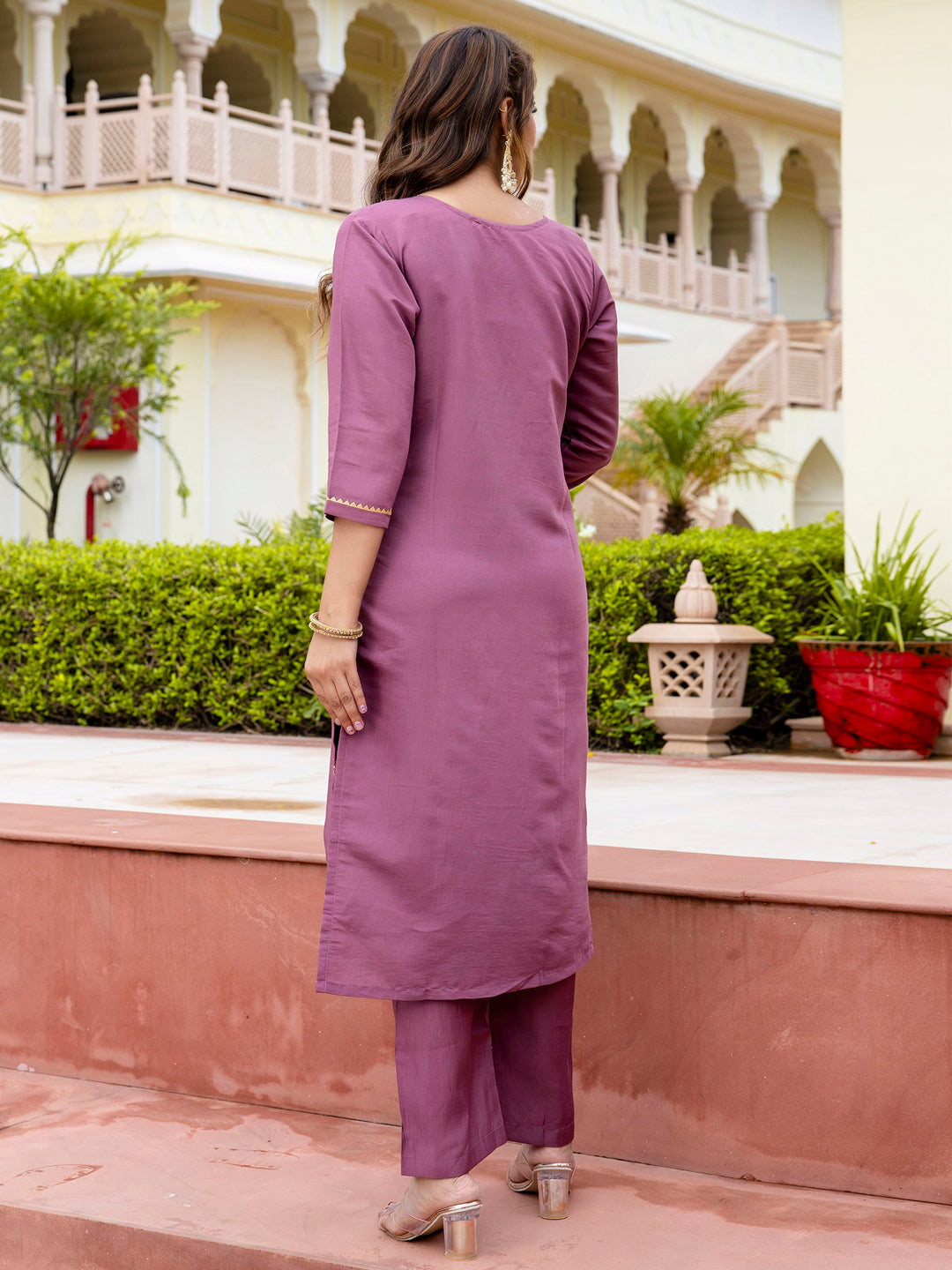 Women's Embroidered Silk Blend Calf Length Straight Kurta with Palazzo & Dupatta Set - FitVibe Fashion