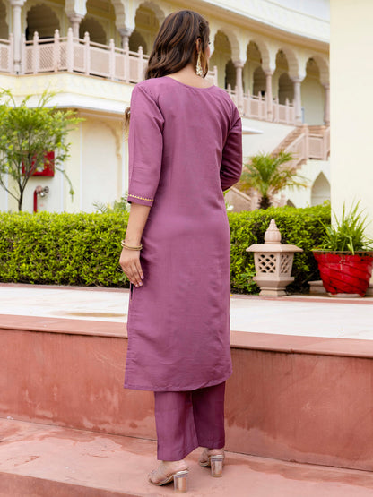 Women's Embroidered Silk Blend Calf Length Straight Kurta with Palazzo & Dupatta Set - FitVibe Fashion