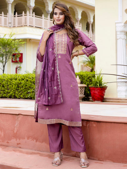 Women's Embroidered Silk Blend Calf Length Straight Kurta with Palazzo & Dupatta Set - FitVibe Fashion