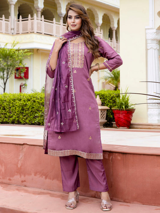Women's Embroidered Silk Blend Calf Length Straight Kurta with Palazzo & Dupatta Set - FitVibe Fashion