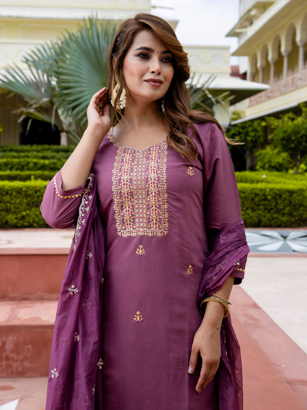 Women's Embroidered Silk Blend Calf Length Straight Kurta with Palazzo & Dupatta Set - FitVibe Fashion