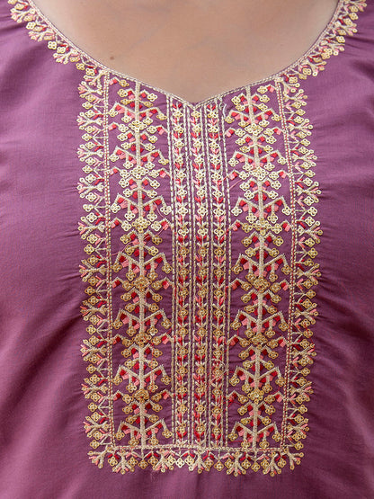 Women's Embroidered Silk Blend Calf Length Straight Kurta with Palazzo & Dupatta Set - FitVibe Fashion