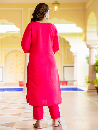 Women's Embroidered Silk Blend Calf Length Straight Kurta with Palazzo & Dupatta Set - FitVibe Fashion