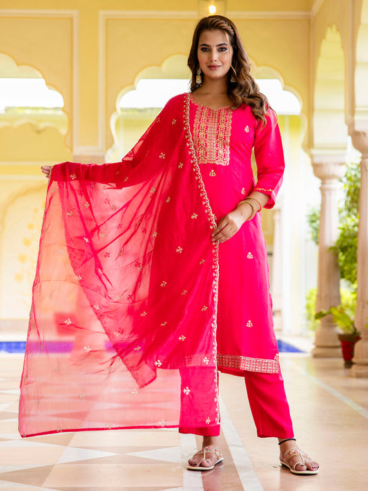 Women's Embroidered Silk Blend Calf Length Straight Kurta with Palazzo & Dupatta Set - FitVibe Fashion