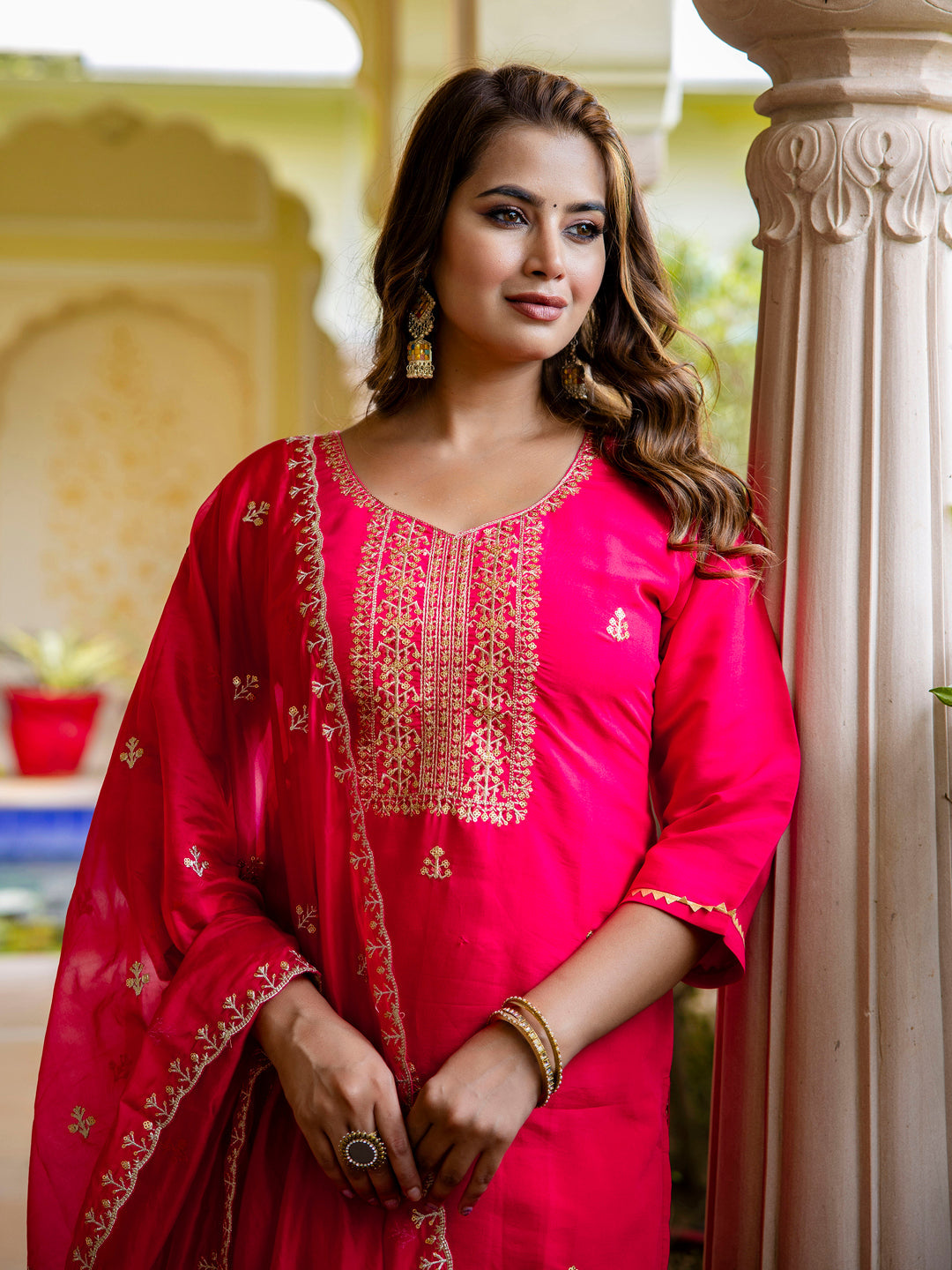 Women's Embroidered Silk Blend Calf Length Straight Kurta with Palazzo & Dupatta Set - FitVibe Fashion