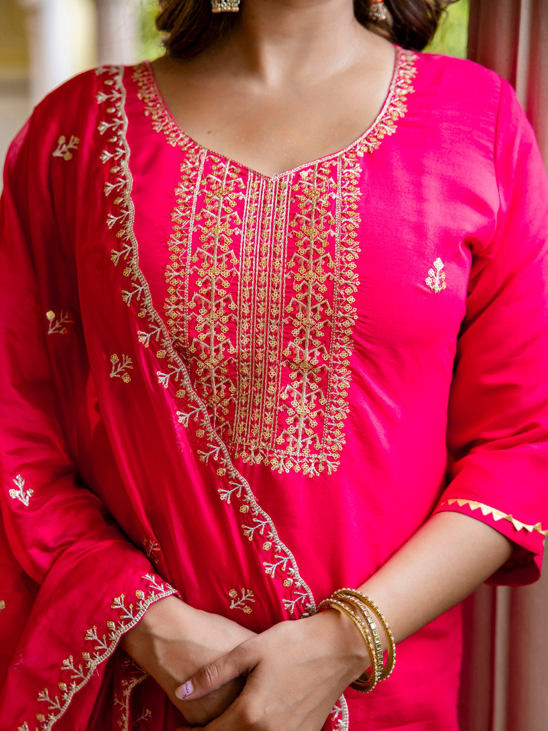 Women's Embroidered Silk Blend Calf Length Straight Kurta with Palazzo & Dupatta Set - FitVibe Fashion