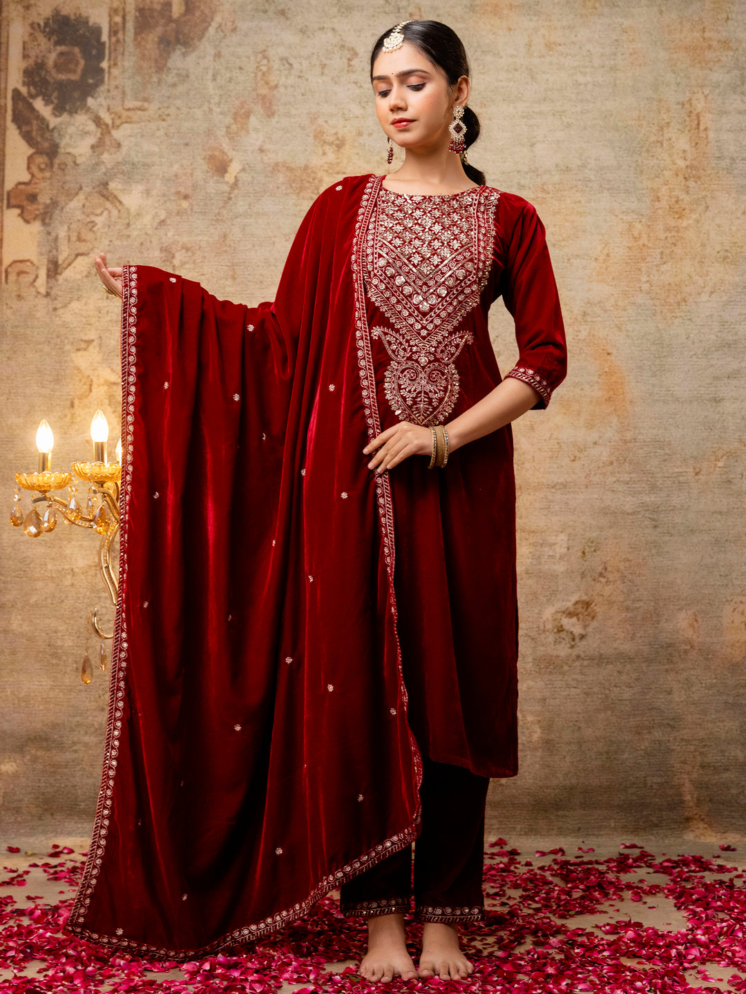 Women Velvet Kurta Pant Dupatta Set - FitVibe Fashion