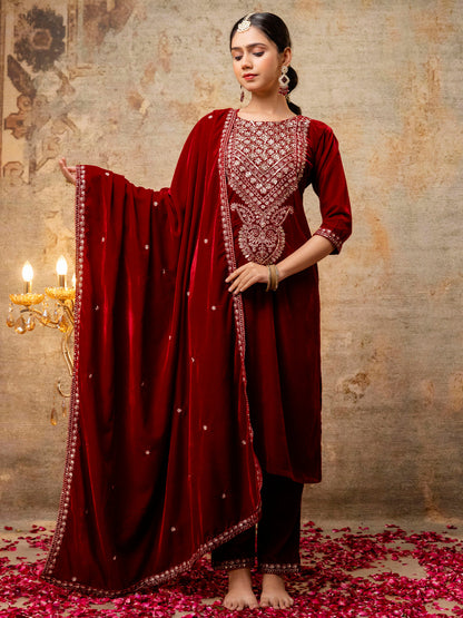 Women Velvet Kurta Pant Dupatta Set - FitVibe Fashion