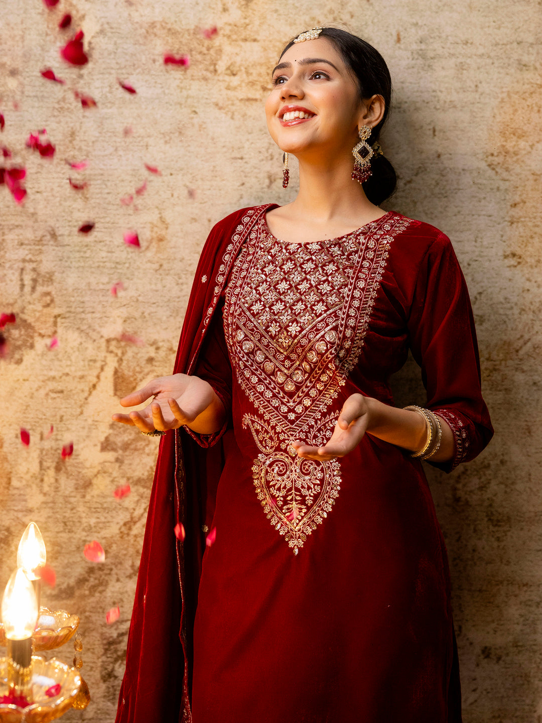 Women Velvet Kurta Pant Dupatta Set - FitVibe Fashion