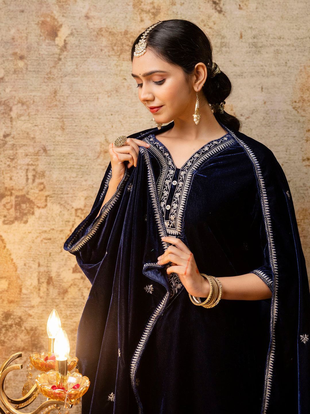 Women Velvet Kurta Pant Dupatta Set - FitVibe Fashion