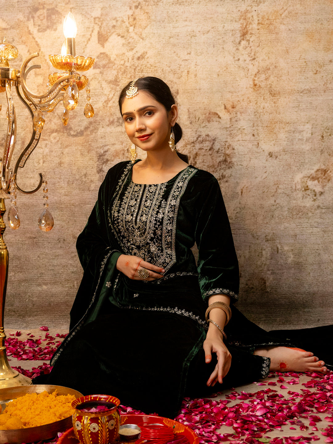 Women Velvet Kurta Pant Dupatta Set - FitVibe Fashion