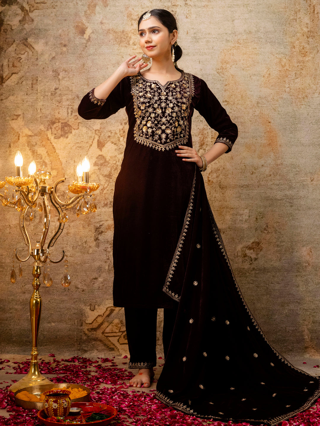 Women Velvet Kurta Pant Dupatta Set - FitVibe Fashion