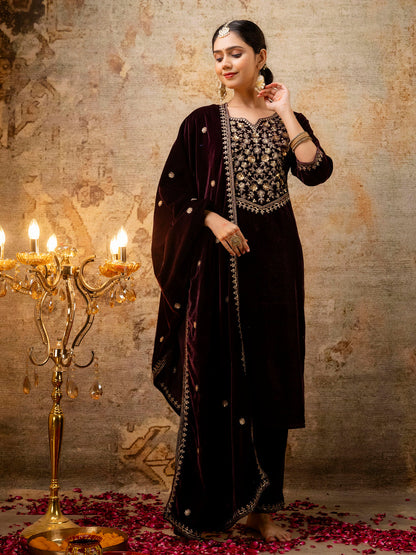 Women Velvet Kurta Pant Dupatta Set - FitVibe Fashion