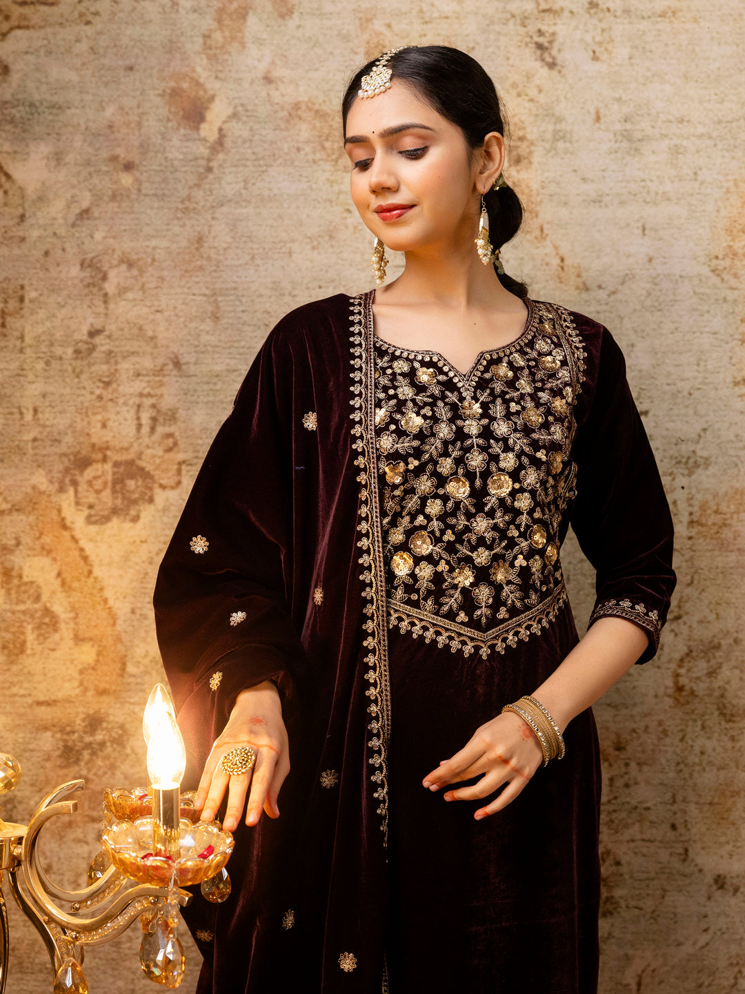 Women Velvet Kurta Pant Dupatta Set - FitVibe Fashion