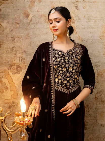 Women Velvet Kurta Pant Dupatta Set - FitVibe Fashion