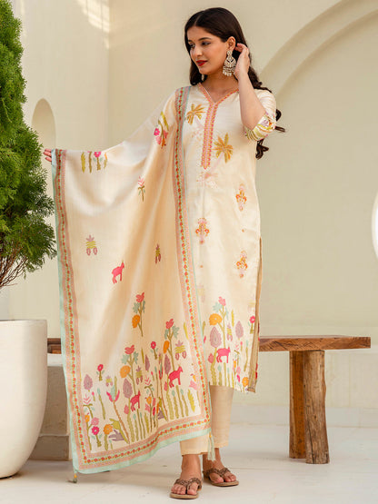 Charvi Cream Floral Print  Silk Women Kurta Sets With Printed Dupatta Suits - FitVibe Fashion