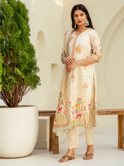 Charvi Cream Floral Print  Silk Women Kurta Sets With Printed Dupatta Suits - FitVibe Fashion