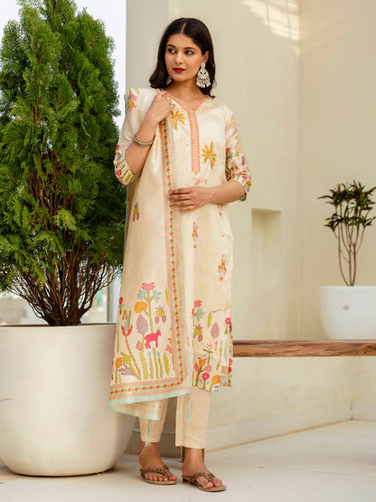 Charvi Cream Floral Print  Silk Women Kurta Sets With Printed Dupatta Suits - FitVibe Fashion