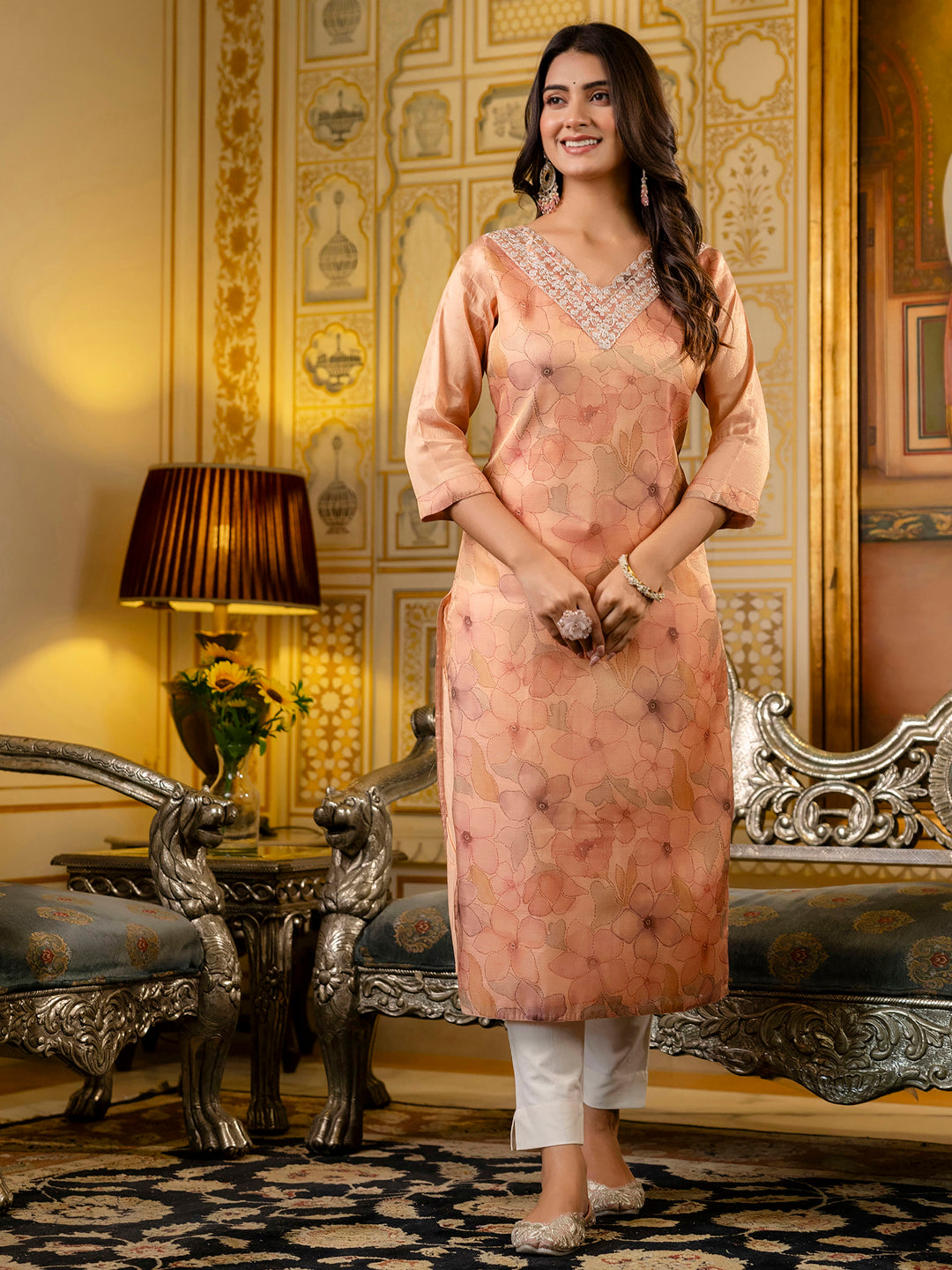 Women Embroidered Silk Blend Straight Kurta - FitVibe Fashion