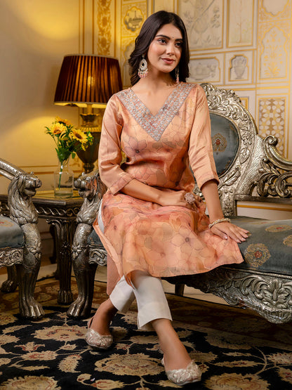 Women Embroidered Silk Blend Straight Kurta - FitVibe Fashion