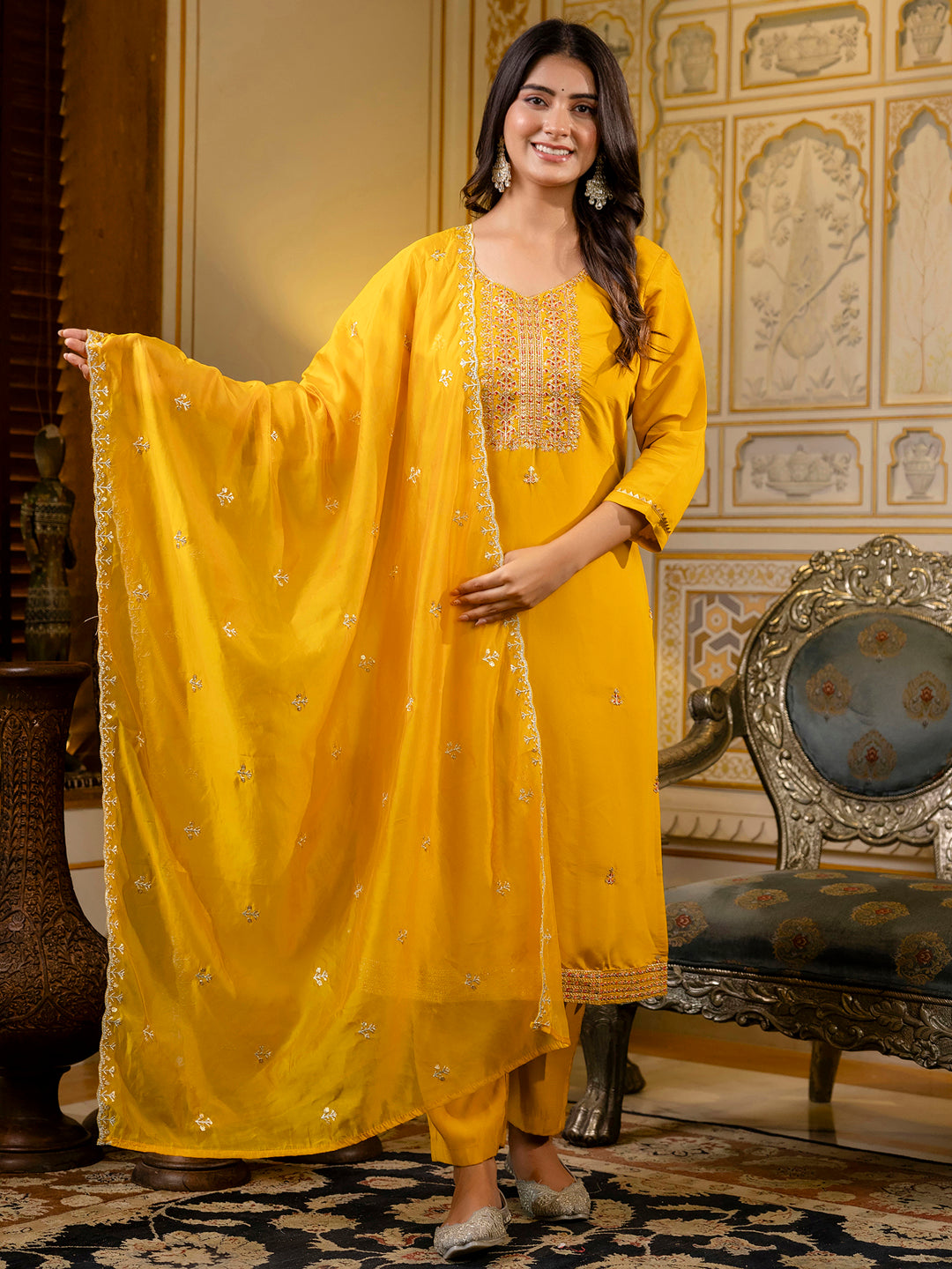 Women's Embroidered Silk Blend Calf Length Straight Kurta with Palazzo & Dupatta Set - FitVibe Fashion