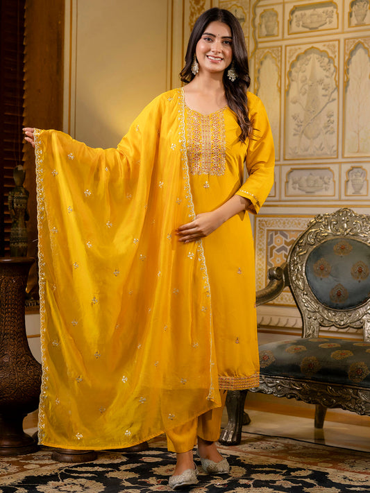 Women's Embroidered Silk Blend Calf Length Straight Kurta with Palazzo & Dupatta Set - FitVibe Fashion