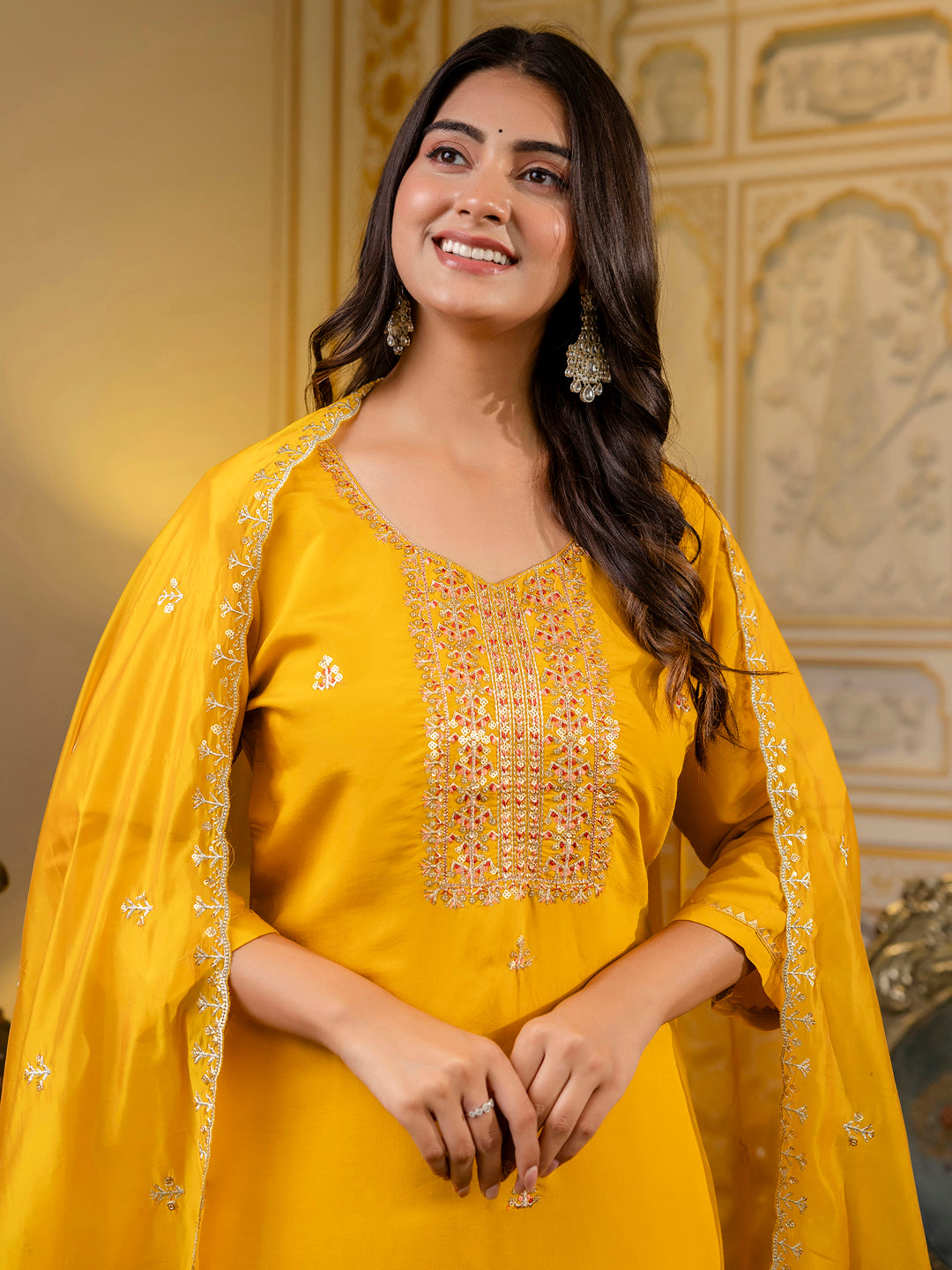 Women's Embroidered Silk Blend Calf Length Straight Kurta with Palazzo & Dupatta Set - FitVibe Fashion