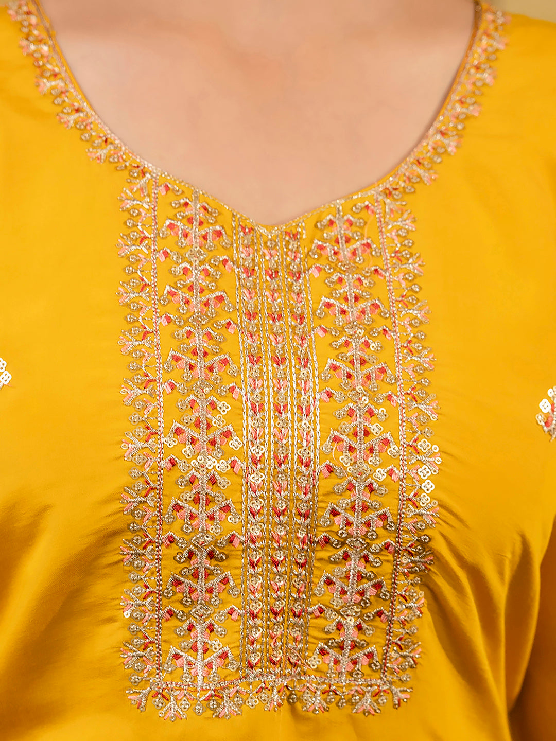 Women's Embroidered Silk Blend Calf Length Straight Kurta with Palazzo & Dupatta Set - FitVibe Fashion